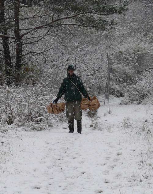 Man holding bags in the snow