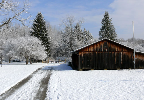 Powdermill Barn in winter 2013 with snow on the ground