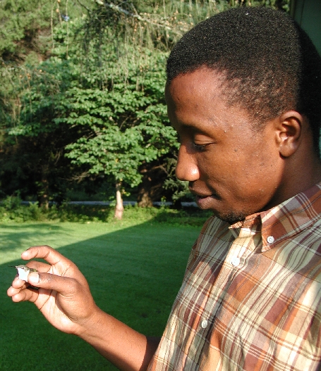 Emmanuel Senkoro holding a Ruby-throated hummingbird female