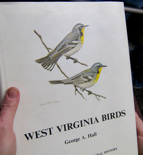 Book cover with a drawing of two "Sutton's" Warbler birds, titled "West Virginia Birds"